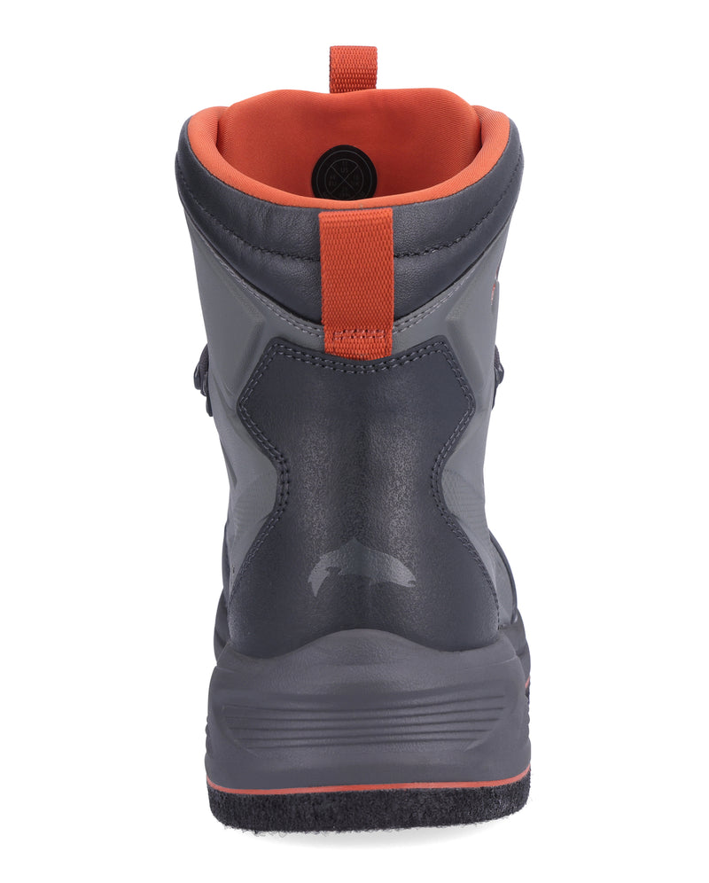 Wading boot with dark gray upper and orange lining at collar, red-trim outsole edge