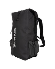 Black rolltop backpack with side carry handle, webbing straps, and roll-top closure