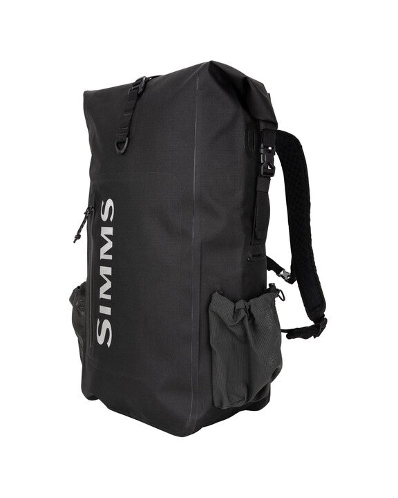 Black rolltop backpack with side carry handle, webbing straps, and roll-top closure