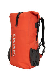 Simms Dry Creek rolltop backpack in orange with roll-top closure and shoulder straps