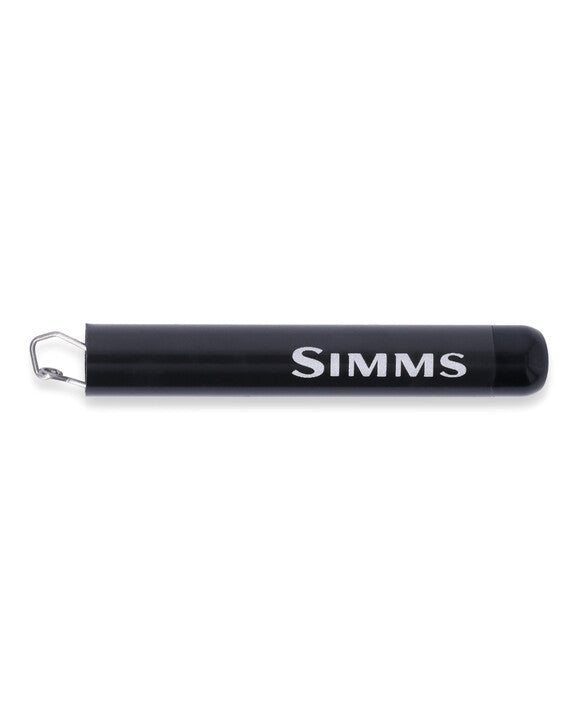 Carbon fiber retractor with SIMMS logo, dark handle and metal carabiner clip
