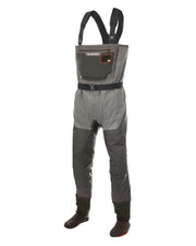 Gunmetal chest wader with stocking feet, front pocket, and adjustable suspenders