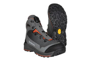 Fishing boot pair showing treaded outsole and toe, slate gray with orange details.
