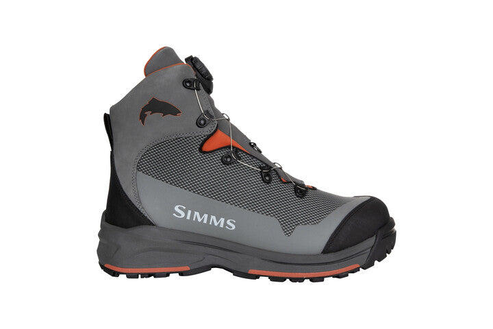 Slate gray fishing boot with BOA-style dial, black trim, orange accents, lace-up.