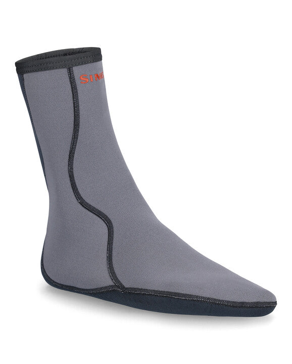 Simms neoprene wading sock, gray with black cuff and red logo branding