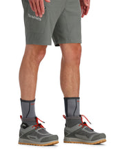 Pair of gray neoprene wading socks with black trim and red Simms logo on legs