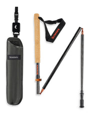 Simms wading staff with cork handle, black shaft, orange accents; includes case and strap