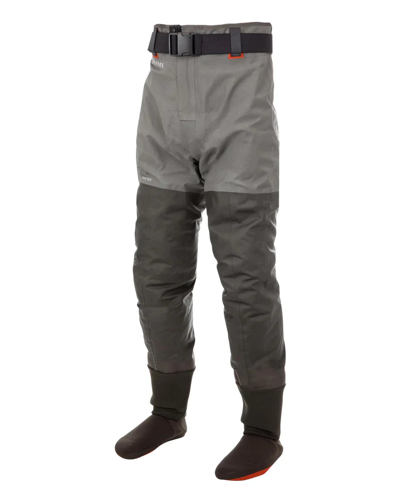 Simms G3 Guide wading pants in gunmetal gray with boot-height cuffs and adjustable waist belt.
