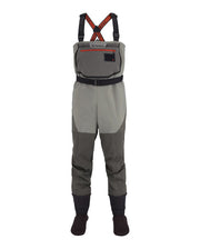 Simms Freestone stockingfoot waders, gray chest bib and dark upper straps