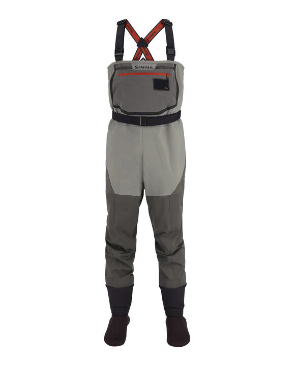 Simms Freestone stockingfoot waders, gray chest bib and dark upper straps