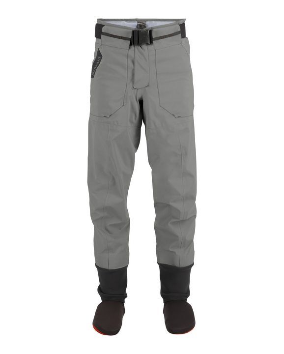 Smoke gray wading pants with adjustable belt and cinched boot cuffs