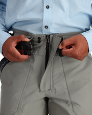 Smoke gray wading pants with snap front and adjustable waist straps