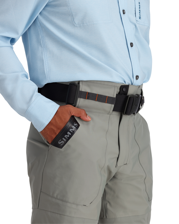 Smoke gray wading pants with belt, zipper fly, and front pocket detail