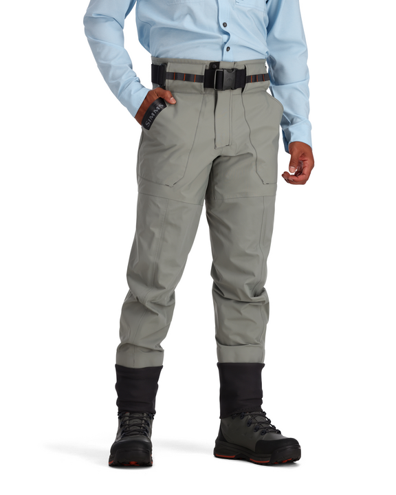 Smoke gray wading pants with side cargo pockets and black boot cuffs