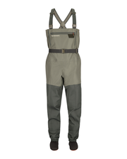 Simms Tributary stockingfoot wader in dark olive with front bib and adjustable straps