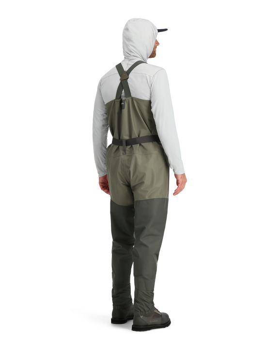 Stockingfoot wader in dark olive, shown from the back with shoulder straps