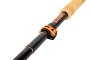 Wading staff joint detail with cork grip and orange adjustment clamp