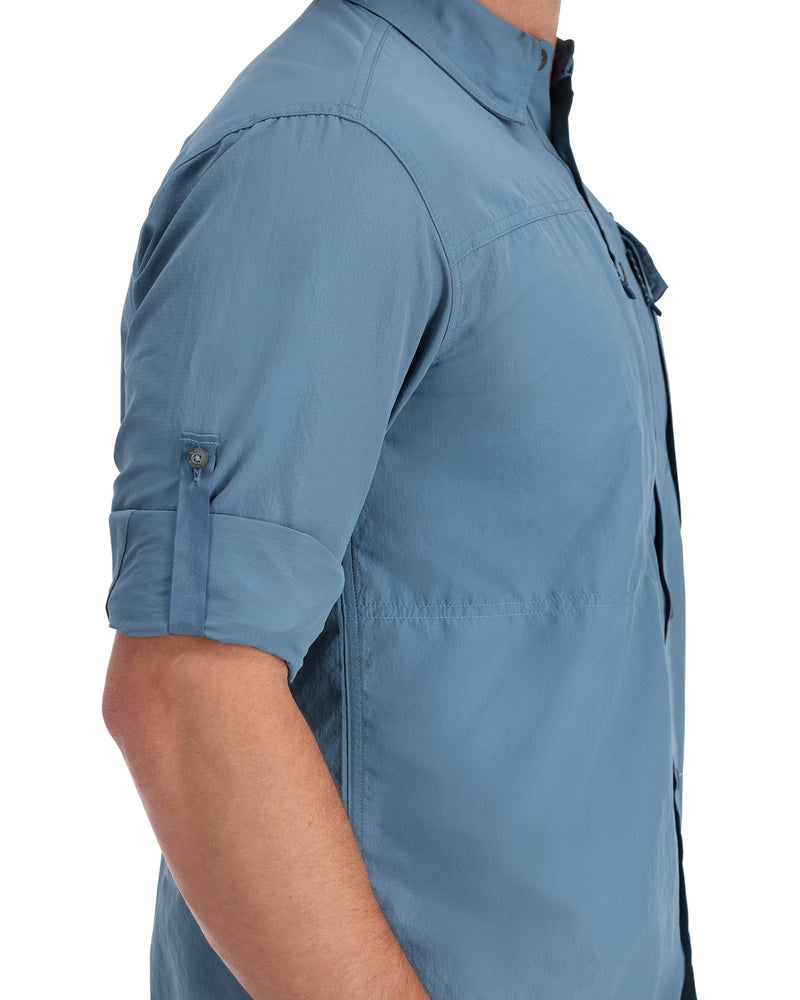 Men's guide shirt, light blue, side view with button cuff and arm pocket