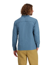 Men's guide shirt, light blue, back view with button-up placket