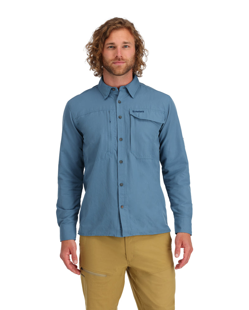 Men's guide shirt with Simms logo, light blue, button front and chest pocket
