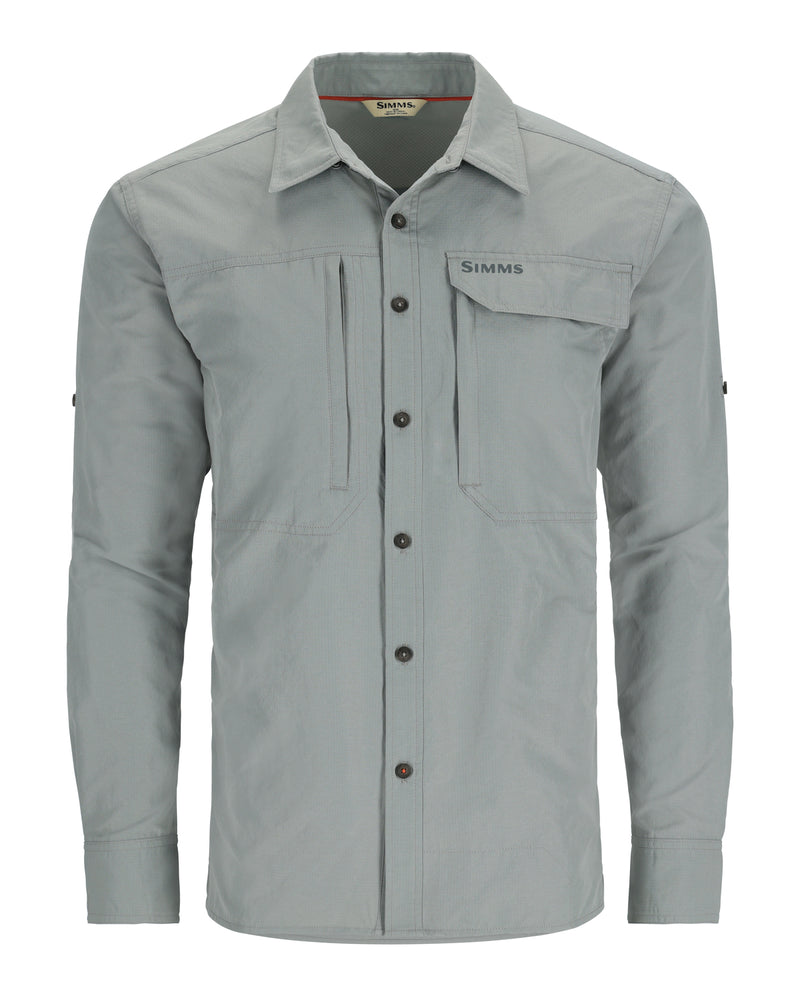 Men's guide shirt with Simms logo, gray, button front and two chest pockets
