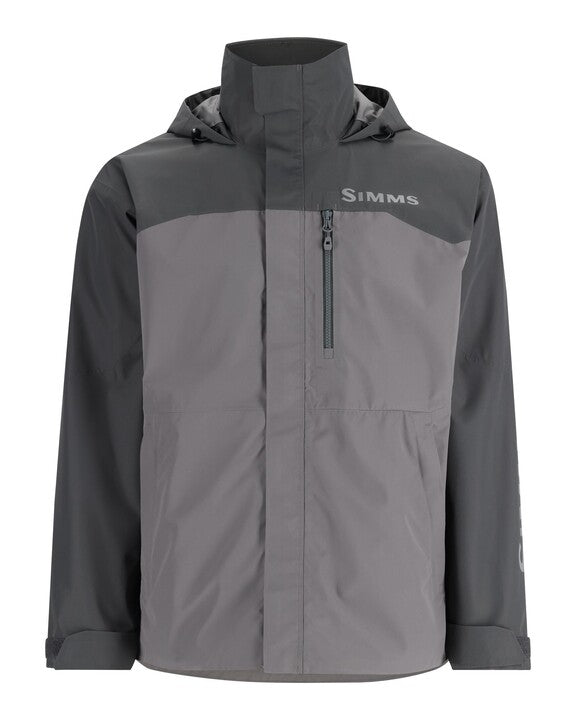 Simms Challenger jacket in dark gray with lighter gray panels, zip front, hood