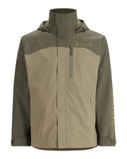 Simms Challenger jacket in olive with light-gray panels, zip front, hood