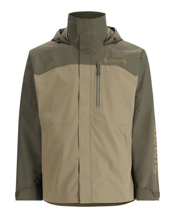 Simms Challenger jacket in olive with light-gray panels, zip front, hood