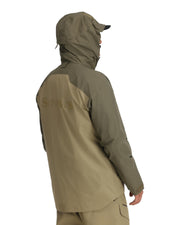 Simms Challenger jacket in olive, side view, hood and zip front