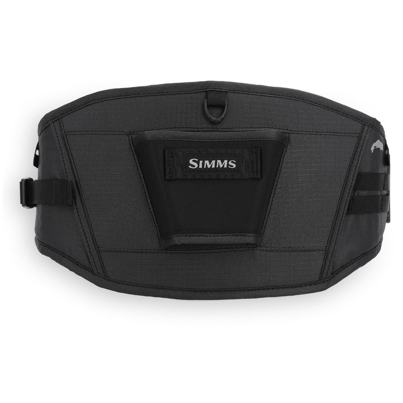 Simms Access Tech belt with SIMMS logo patch on black fabric pouch