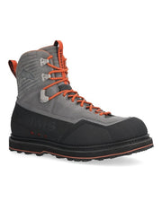 Simms G3 guide wading boot in slate gray with orange laces and black rubber sole