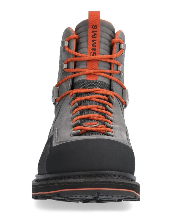Simms G3 guide wading boot, front view, slate gray with orange lace-up and padded collar