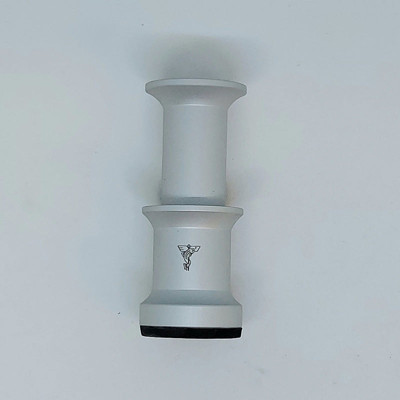 Aluminum hair stacker with two stacked rings and logo, black base