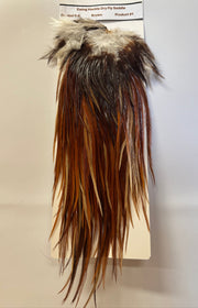 Brown dry fly saddle with dark hackle and pale tan wing tips