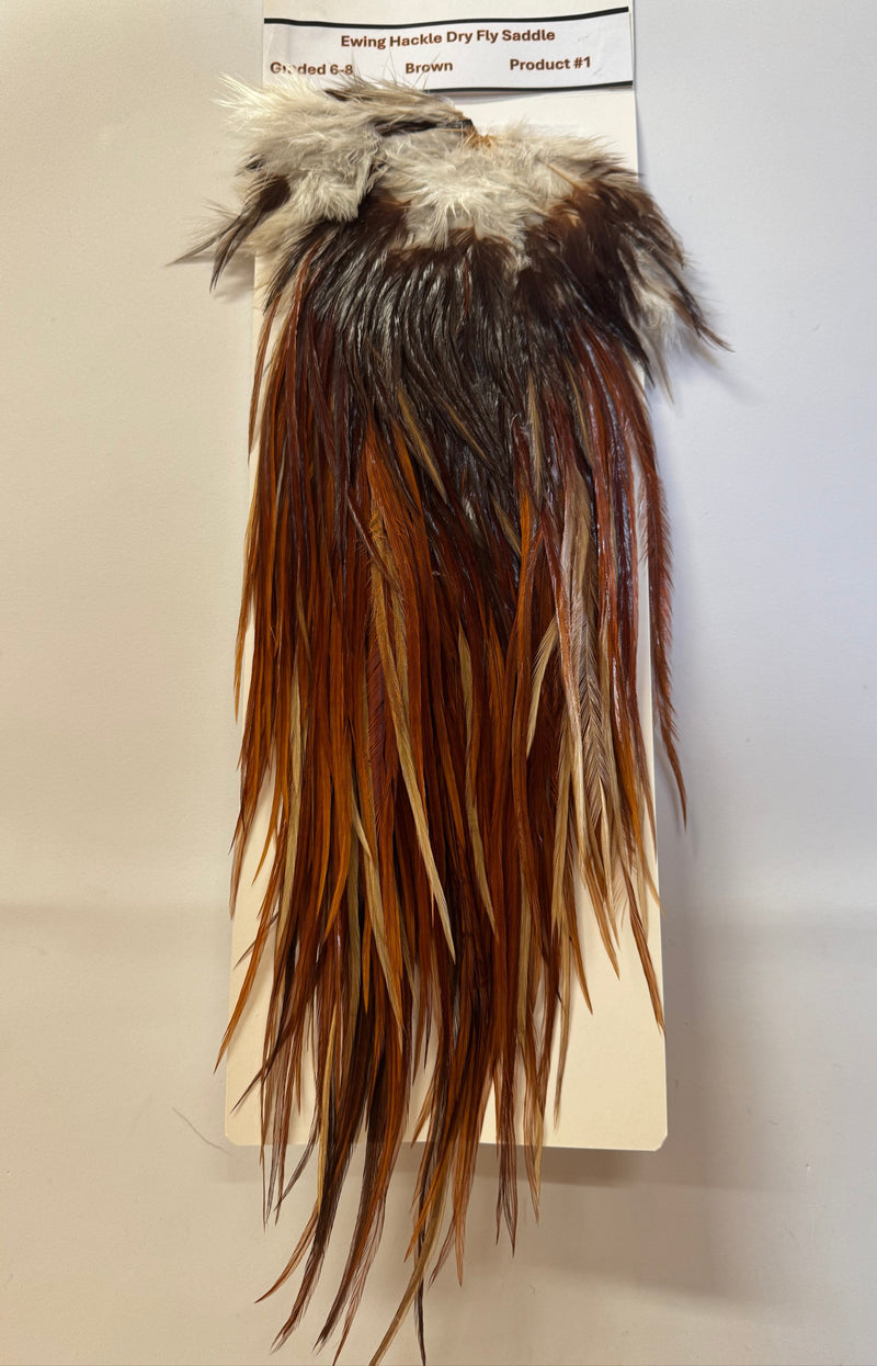 Brown dry fly saddle with dark hackle and pale tan wing tips