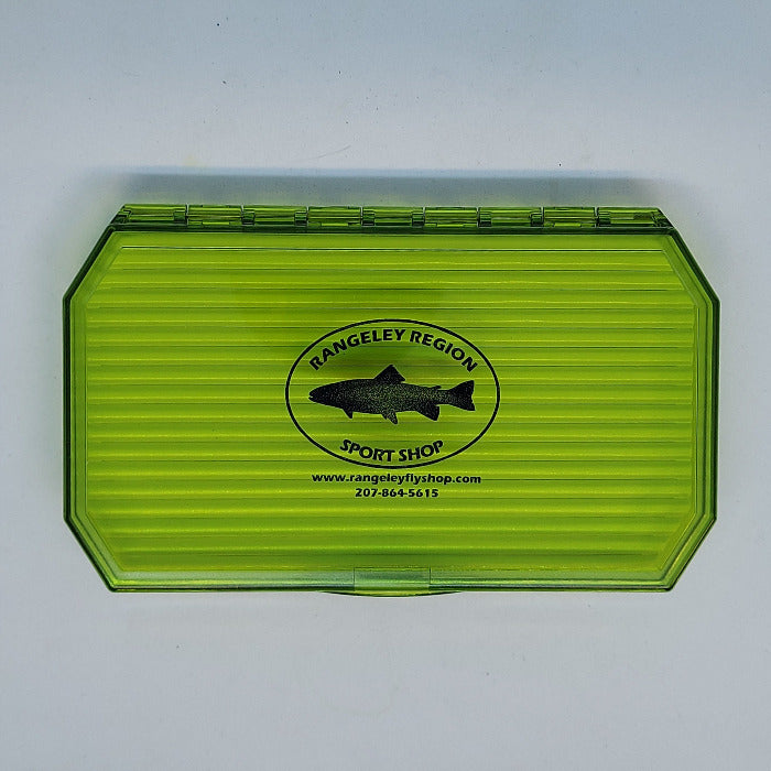 The closed fly box showing the imprinted shop name and green transluecent colorcolor