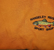 Orange embroidered Brook trout T-shirt with Rangeley Region Sport Shop logo