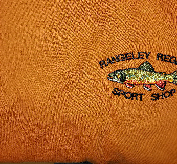 Orange embroidered Brook trout T-shirt with Rangeley Region Sport Shop logo