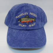 Brook trout hat in blue with embroidered fish patch on the front