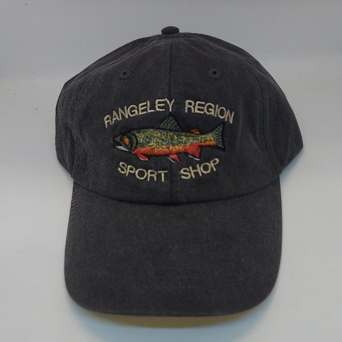 Brook trout hat in charcoal with embroidered fish patch on the front