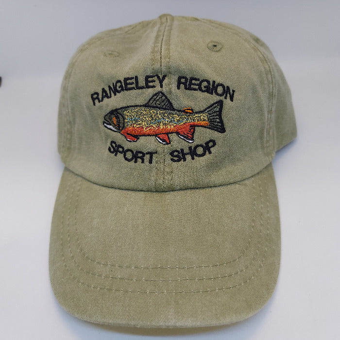 Brook trout hat in khaki green with embroidered fish patch on the front