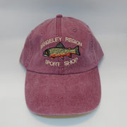 Brook trout hat in cranberry red with embroidered fish patch on the front