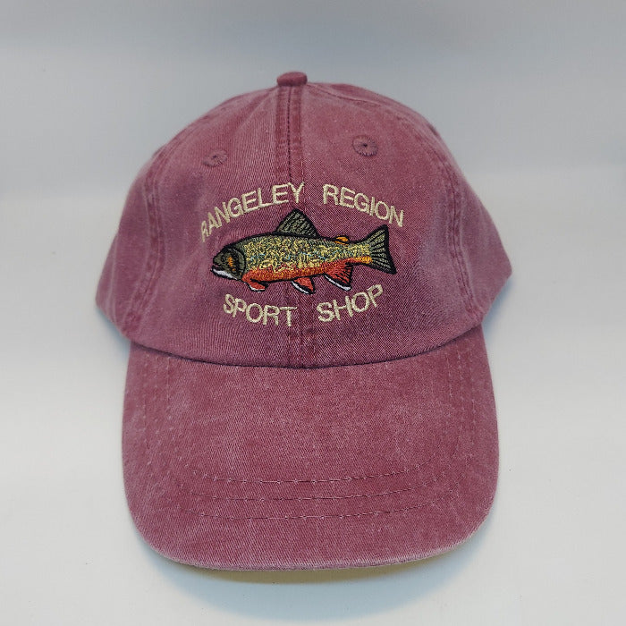 a cranberry colored ball cap with embroidered Brook Trout and shop name