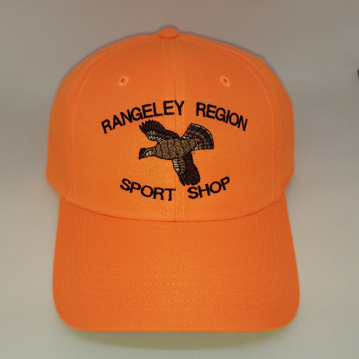 Orange baseball cap with flying grouse logo on front
