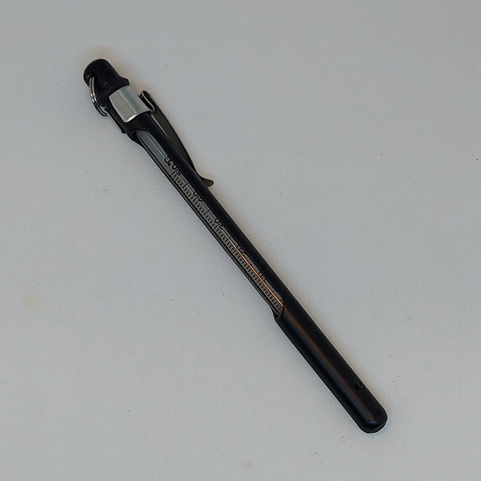 a thermometer in black aluminum with pocket clip and ring for attaching