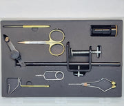 Terra Fly tying tool kit tray with metal fly-tying tools and bobbin holder