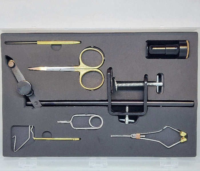 Terra Fly tying tool kit tray with metal fly-tying tools and bobbin holder