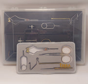 Terra Fly tying tool kit with metal fly-tying tools in a clear storage case
