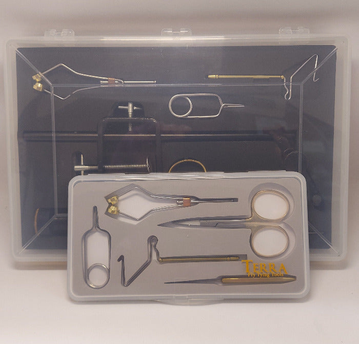 Terra Fly tying tool kit with metal fly-tying tools in a clear storage case