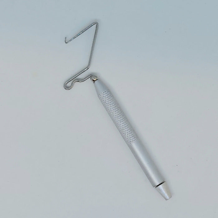 Rotating whip finish tool with curved wire hook and textured metal handle